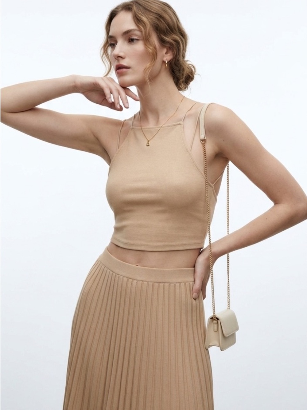 Zara Beige Ribbed Halter Crop Tank Top Size Large
